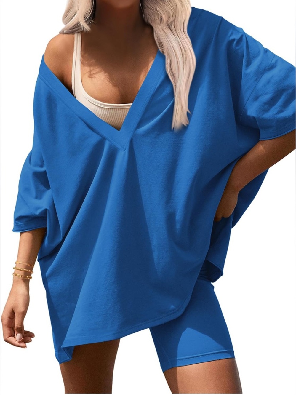 Oversized V-Neck Lounge Top and Biker Shorts Set - Blue